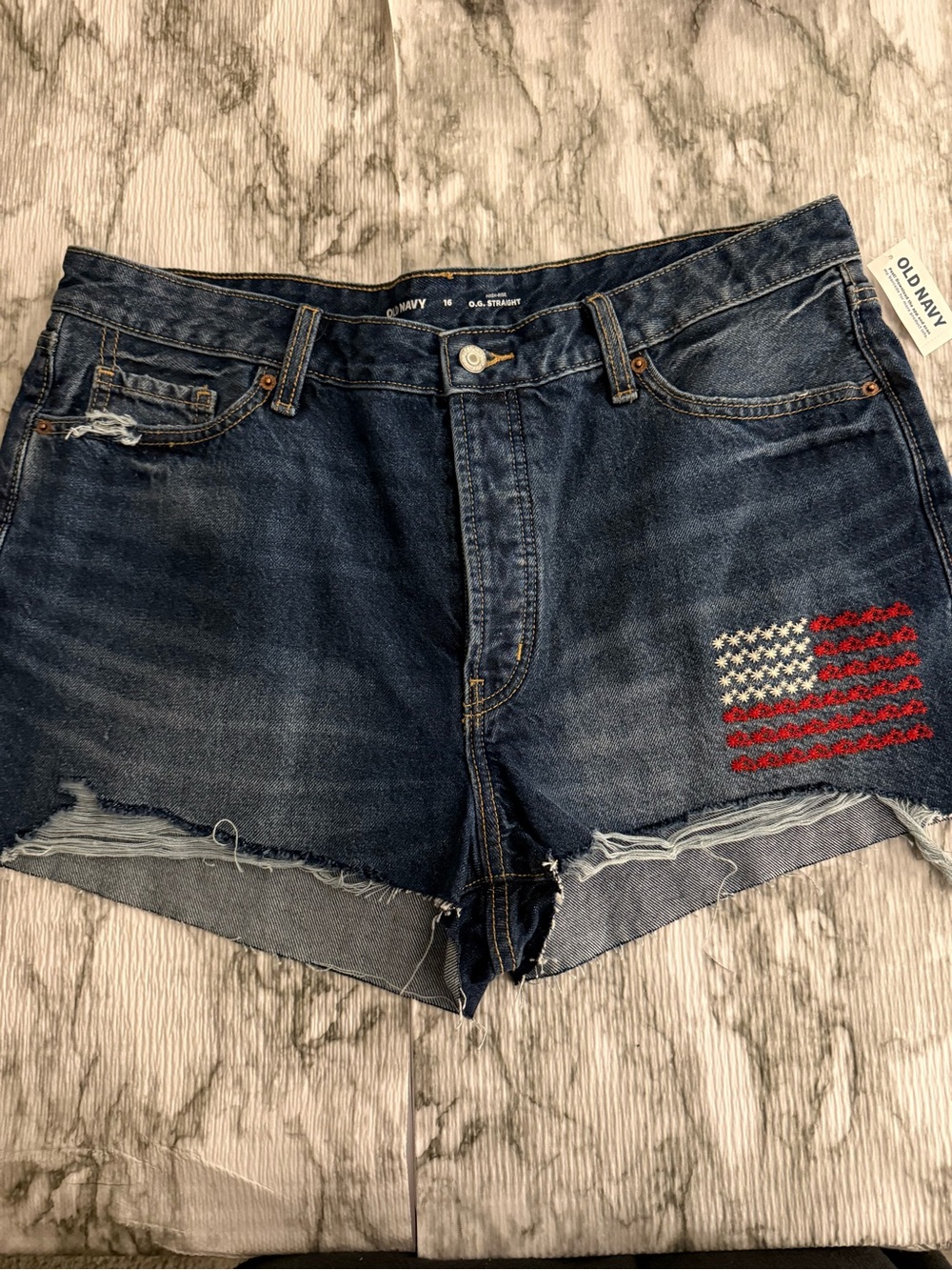 NWT Old Navy OG Straight High Rise Denim Shorts Womens 16 American Flag USA - Picture 2 of 9